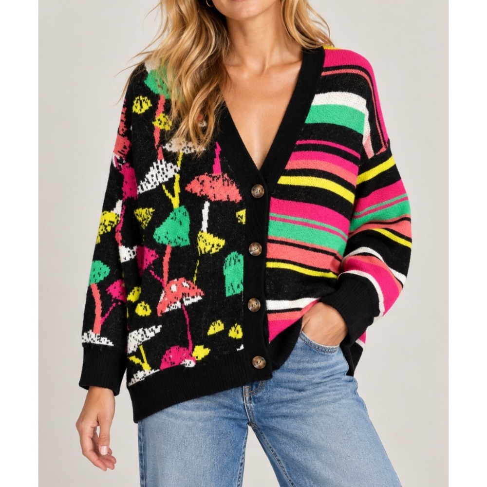 Farm Rio Mixed Mushroom Stripe Wool Knit Cardigan Sweater Black Multi Color Sz M